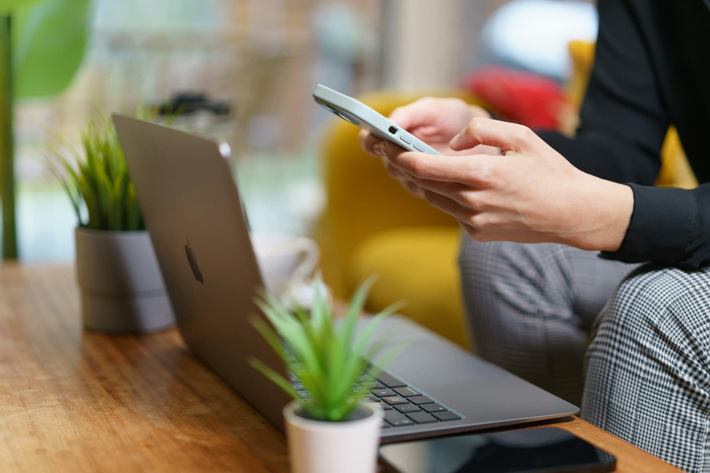 Hands holding a phone beside a laptop and a plant