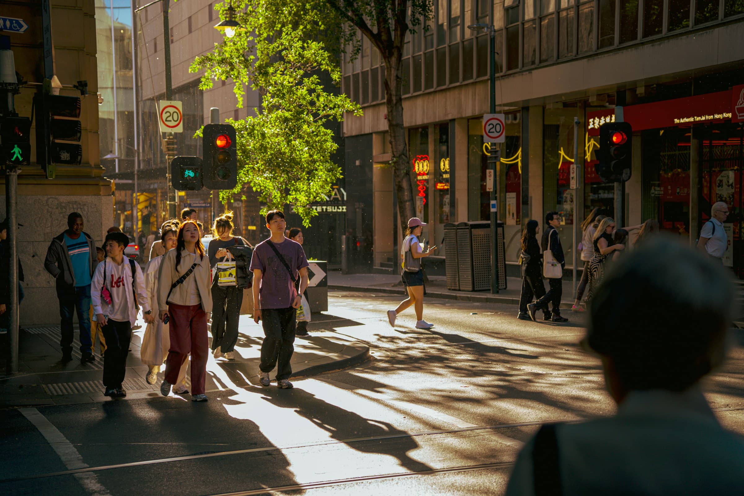 People walking along a sunny street under trees